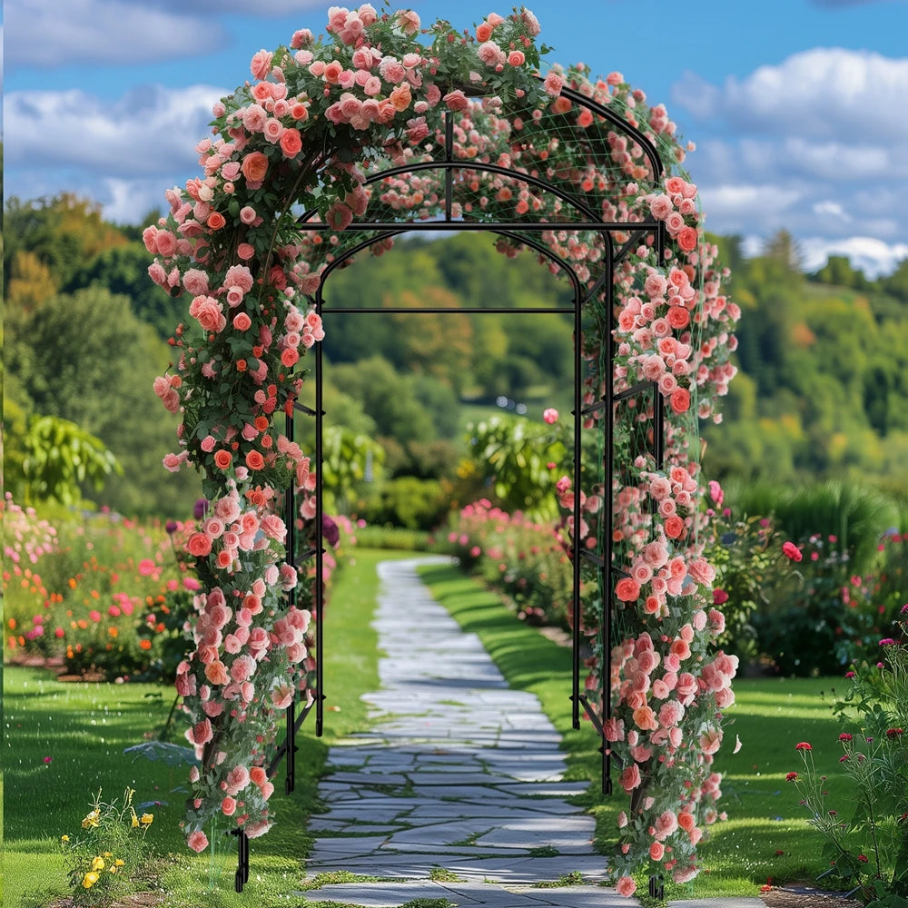 U shaped metal garden trellis with netting for climbing plants
