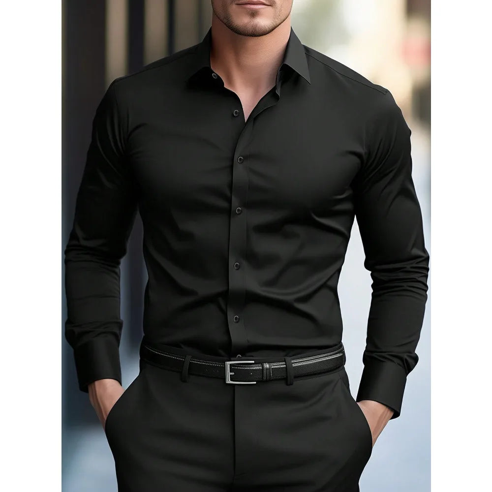 FGKKS New Men Shirt Brand New Solid Color Long Sleeve Elastic Fabric Men's Multiple Colors Male Quality Basic Shirt TAVEN System LLC