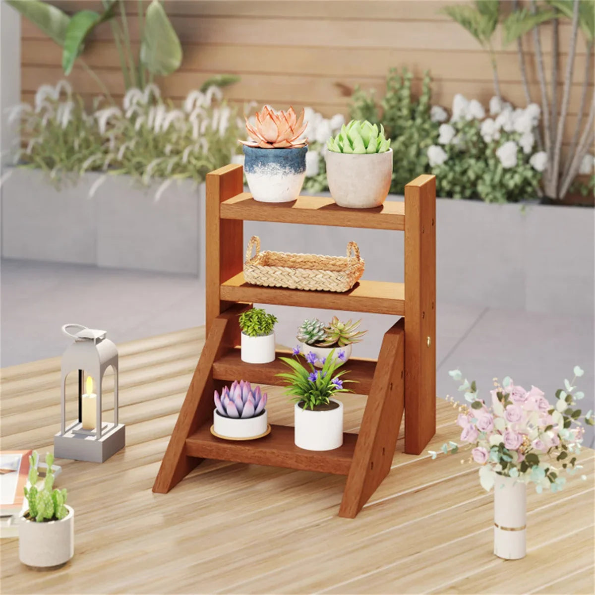 4 tier wooden plant stand for succulents balcony and desktop
