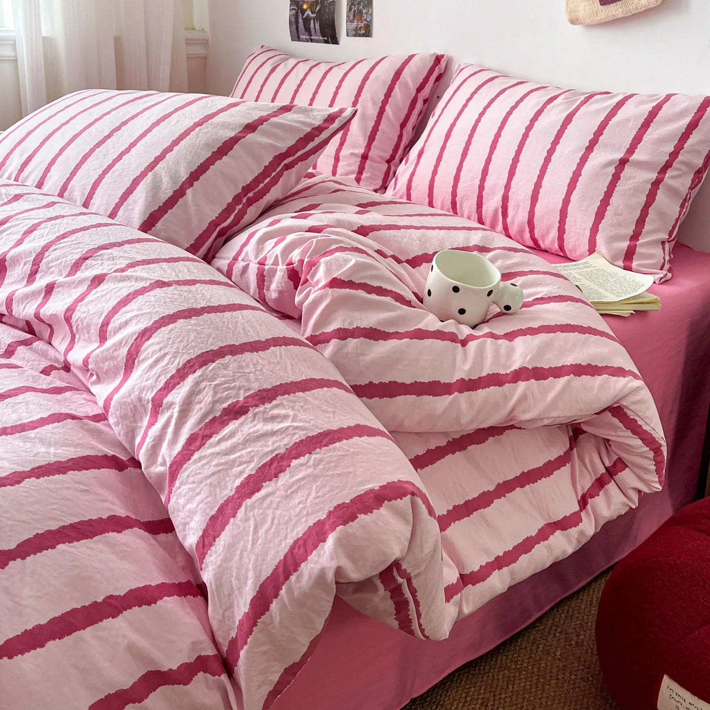 3pcs Simple Pink Striped Duvet Cover Set with 2 Pillowcases Soft Washed Cotton Bedding Set For Girls 150x200cm Bedroom Decor TAVEN System LLC
