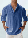 Men's Linen Stand Collar Long Sleeve T-Shirt Loose Fit; Solid Color Long Sleeve Cotton Linen Shirt TAVEN System LLC