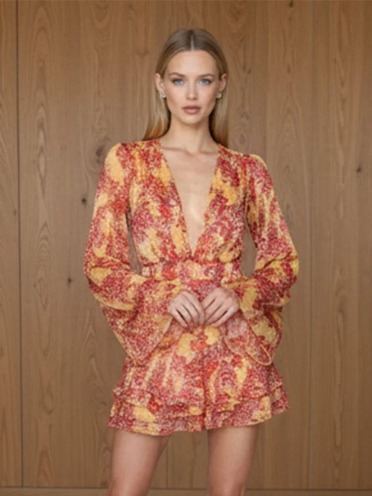 Women Elegant Printed Short Dress Chic V-neck Short Sleeve A-line Bodycon Mini Dresses 2026 Lady New Summer Vacation Street Robe TAVEN System LLC