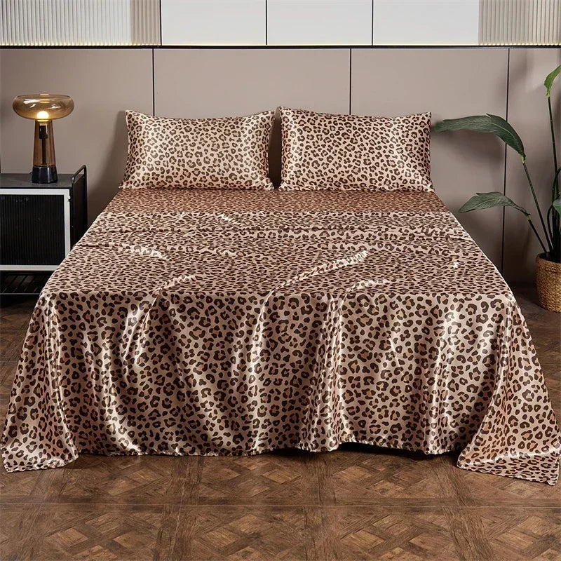 New Satin Fabric Leopard Print Bed Sheet Set Queen High-end Fitted Sheet Flat Sheet Pillowcase Bed Set King Size Bedsheet Sets TAVEN System LLC
