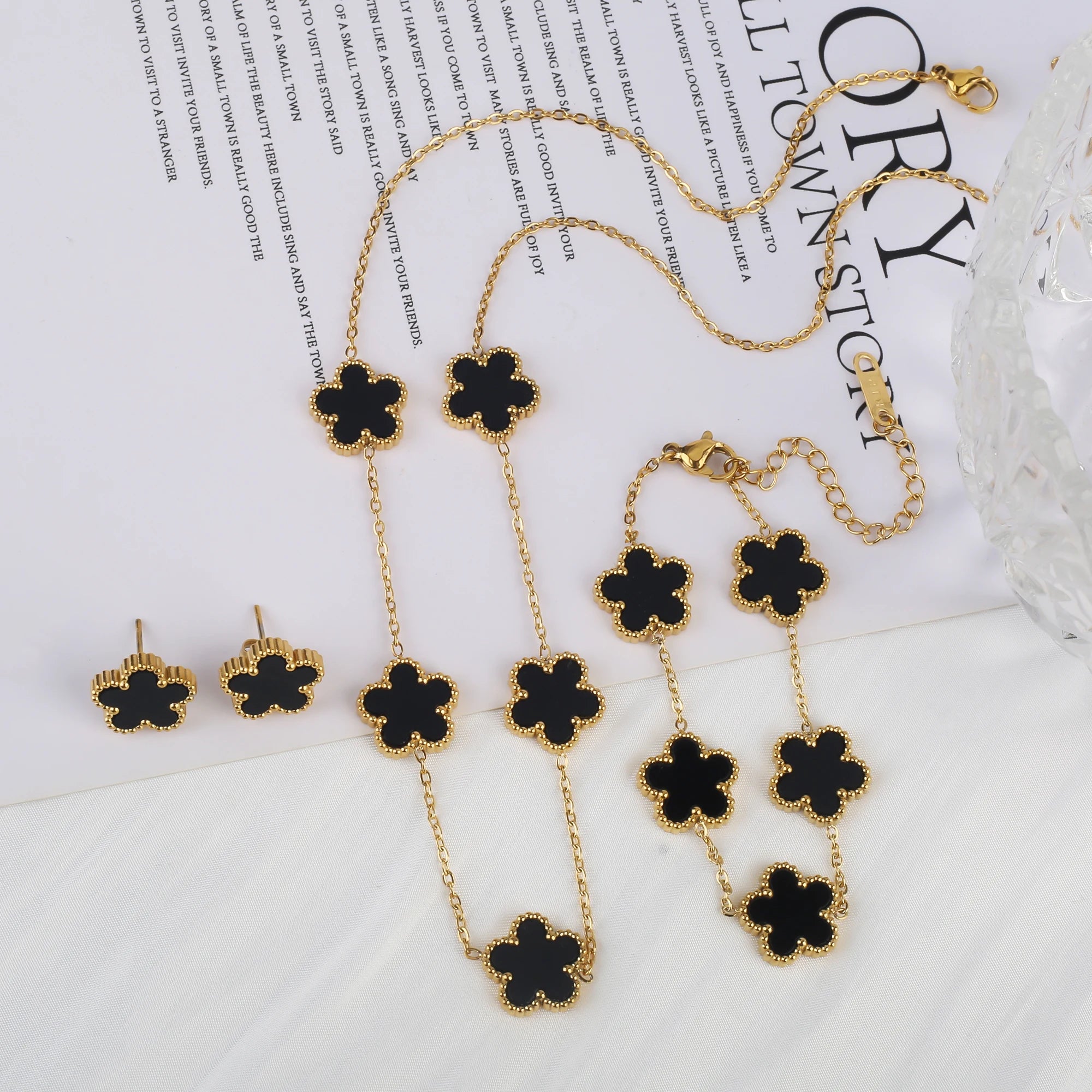 Simple 316L Stainless Steel Flower Five Leaf Necklace Bracelet Earrings 18K Gold Plated Jewelry Set for Women Girl Gift Clover TAVEN System LLC