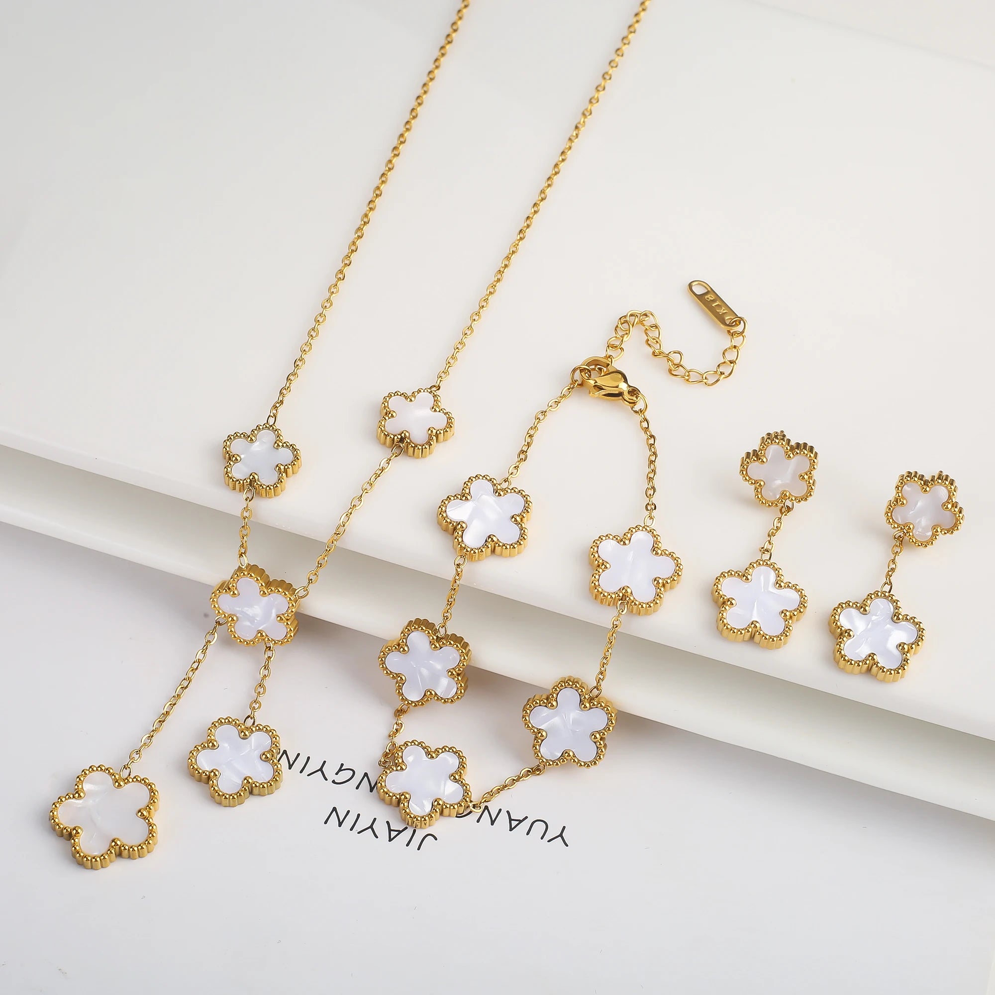 3Pcs 18k Gold-Plated Five-Leaf Flower Necklace Earrings Bracelet Jewelry Set for Woman Fashion Party Jewelry Daily Wear Clover TAVEN System LLC