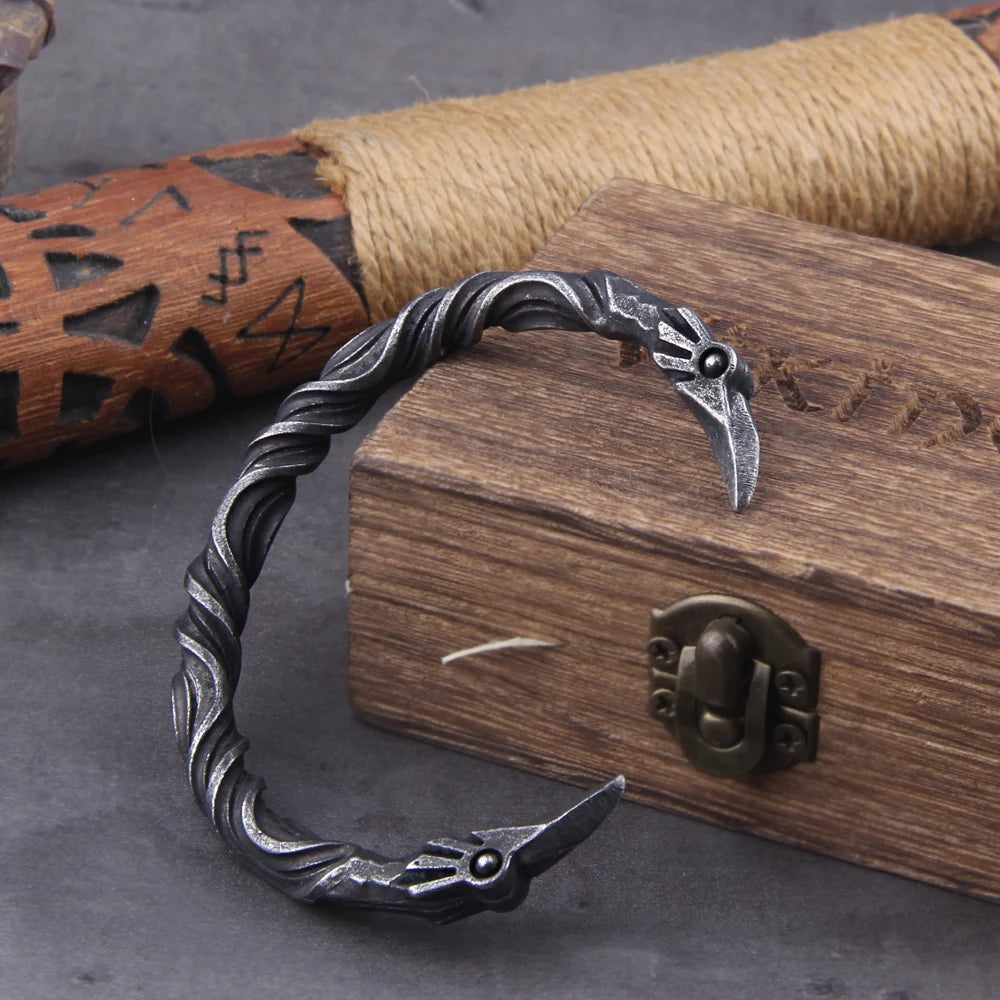 Stainless Steel Nordic Viking Norse Raven Bracelet Men Wristband Cuff Bracelets with viking wooden box TAVEN System LLC
