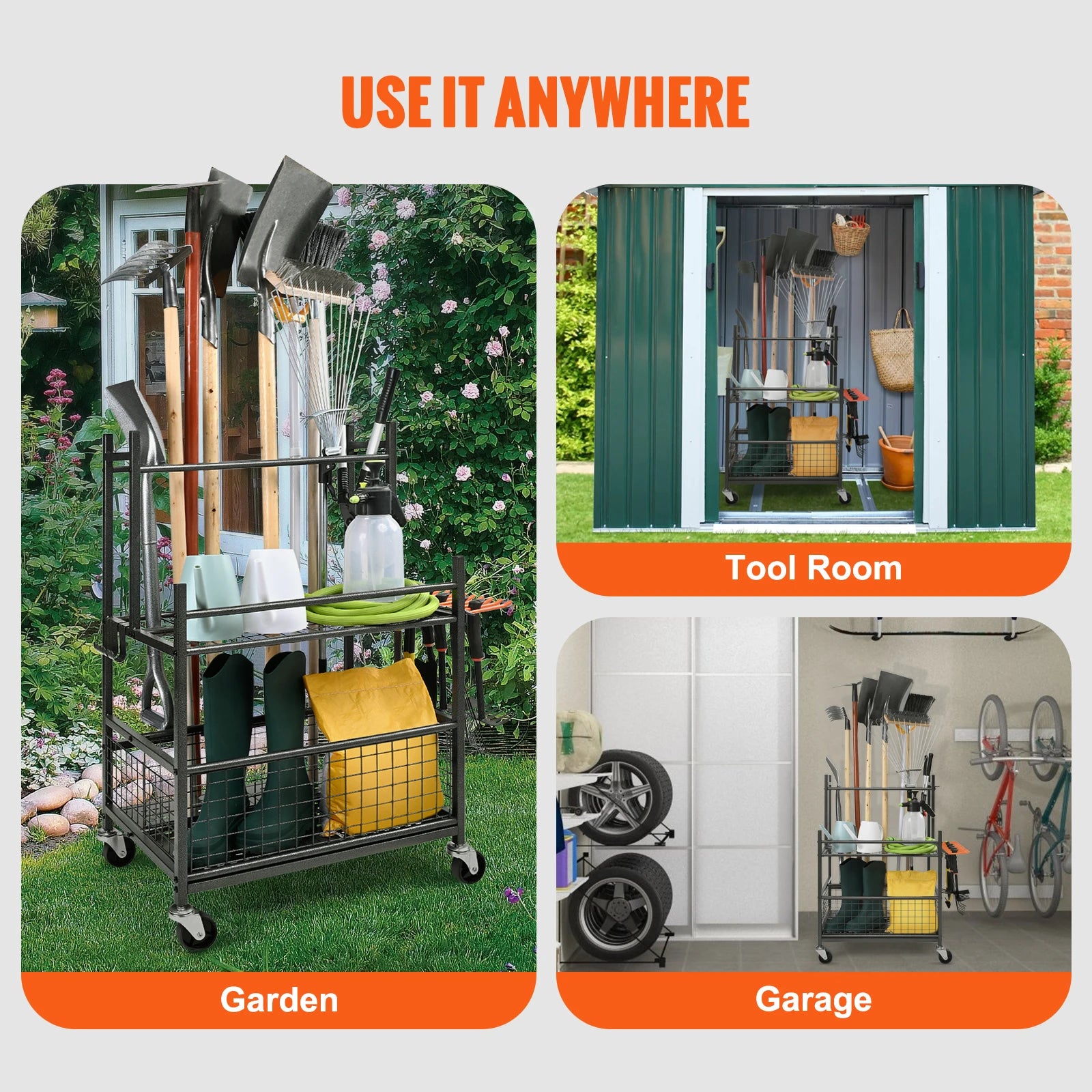 SucceBuy garden tool organizer rack with wheels and 16 slots