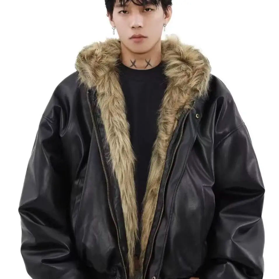 Men Luxury Vintage Faux Fur Reversible Hooded Winter Leather Coat