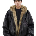 Men Luxury Vintage Faux Fur Reversible Hooded Winter Leather Coat