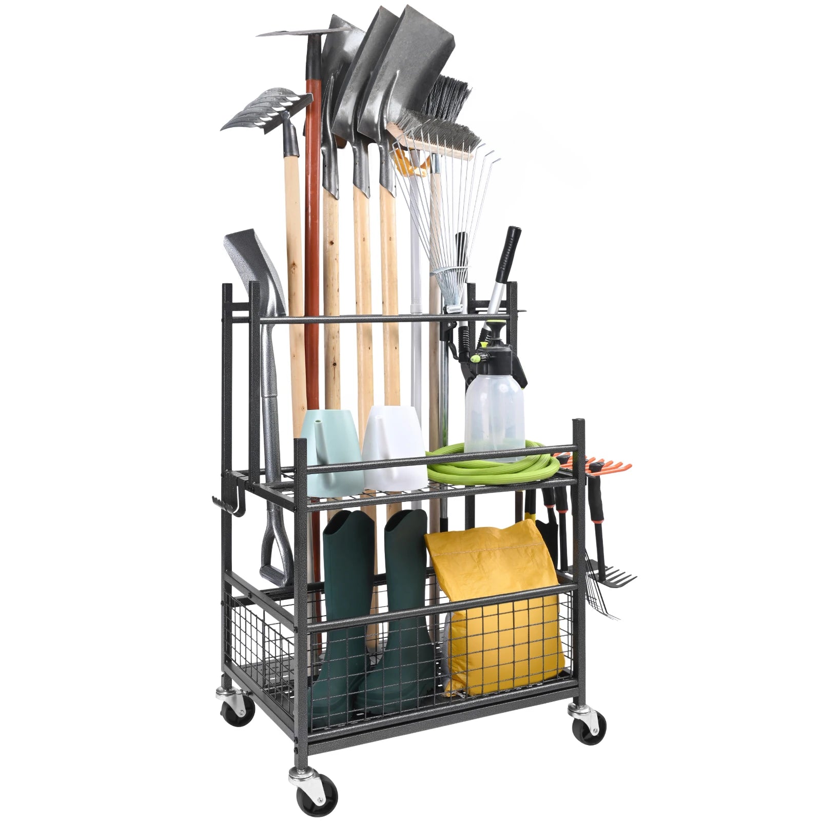 SucceBuy garden tool organizer rack with wheels and 16 slots