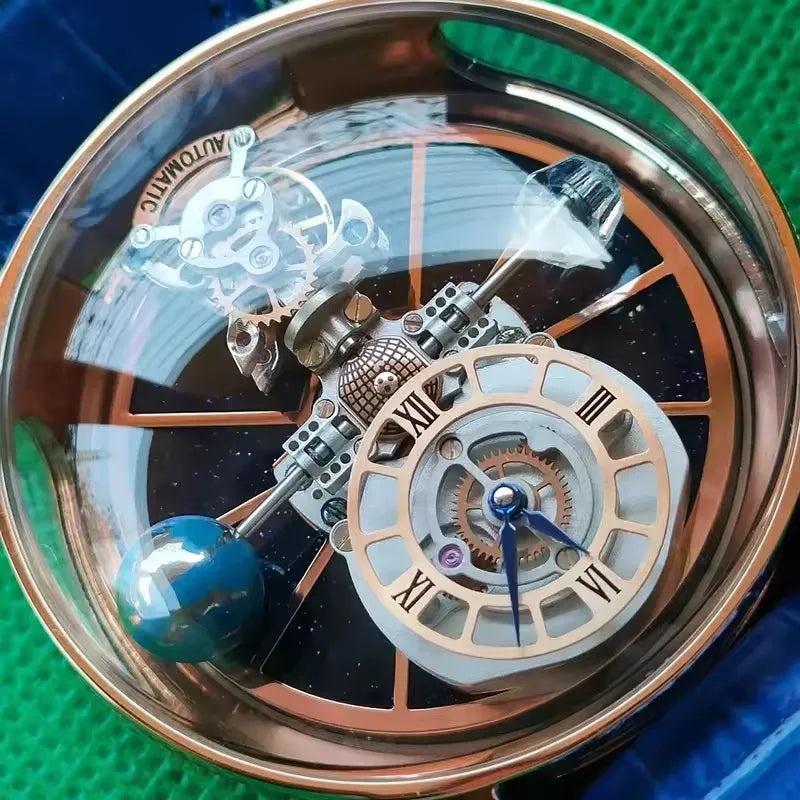 PINDU Design Man Wristwatch Transparent Hollow Design Celestial Roulette Quartz Watches Water Resistant Leather Men's Watch Box - TAVEN System LLC