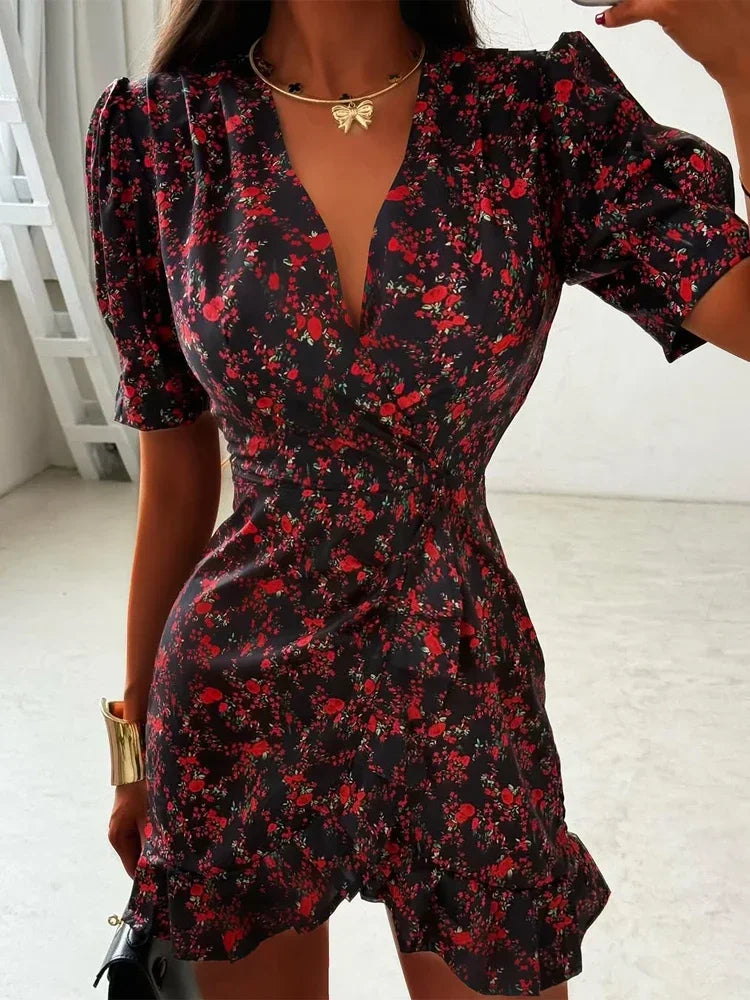 Women Elegant Printed Short Dress Chic V-neck Short Sleeve A-line Bodycon Mini Dresses 2026 Lady New Summer Vacation Street Robe TAVEN System LLC
