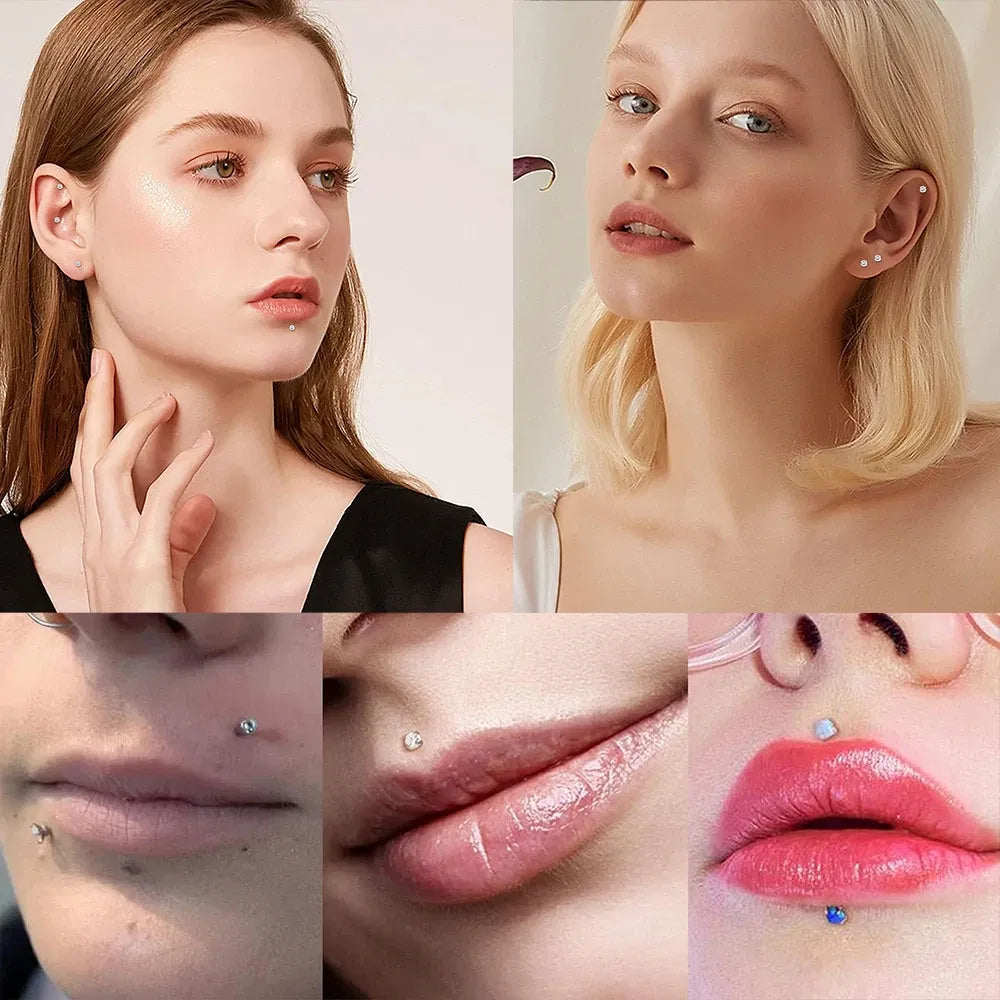 Metal color: Gold-color, Ships From: CHINA, Main Stone Color: Pink - 10PCS ASTM F136 G23 Titanium Piercing Labret Lip Ring Stud Earring CZ Ear Tragus Cartilage Helix Daith Pierc Jewelry 16/18/20g Taven