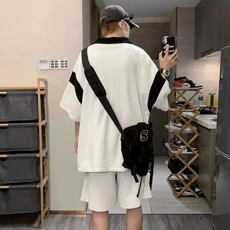 Men Summer Cartoon Bear Print Waffle Shorts Set Casual Streetwear Outfit