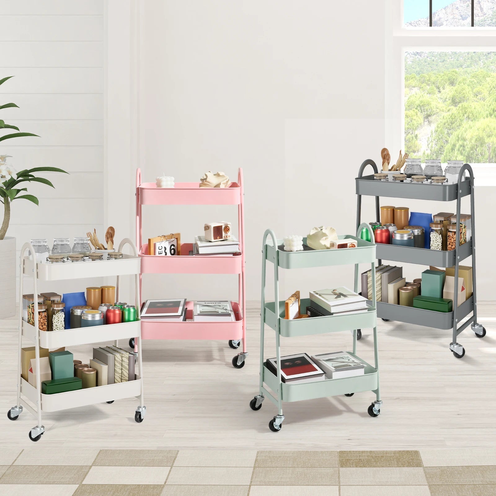 Metal rolling storage cart with lockable wheels