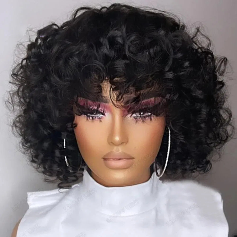 Hair Color: LYD1B/99J, Ships From: CHINA, Stretched Length: 14inches, Density: 150% - Afro Rose Curly Funmi Wigs with Bang Short Bouncy Curly Bob Wig With Bangs Machine Made Rose Curl Human Hair Wig For Black Women Taven