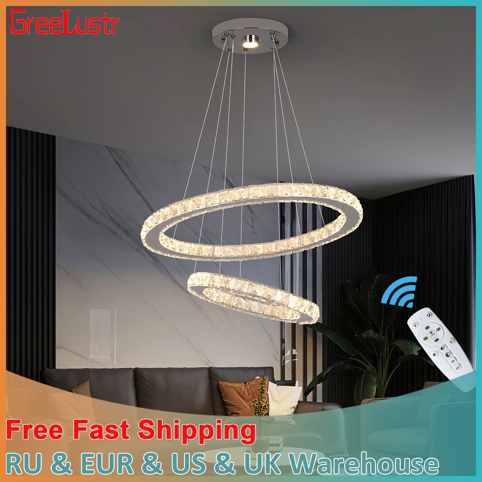 Modern Led  Pendant Light Luxury Crystal Rings Dimmable Chandelier Hanging Lustre Ceiling Lamp Living Dining Room Decor Fixture TAVEN System LLC