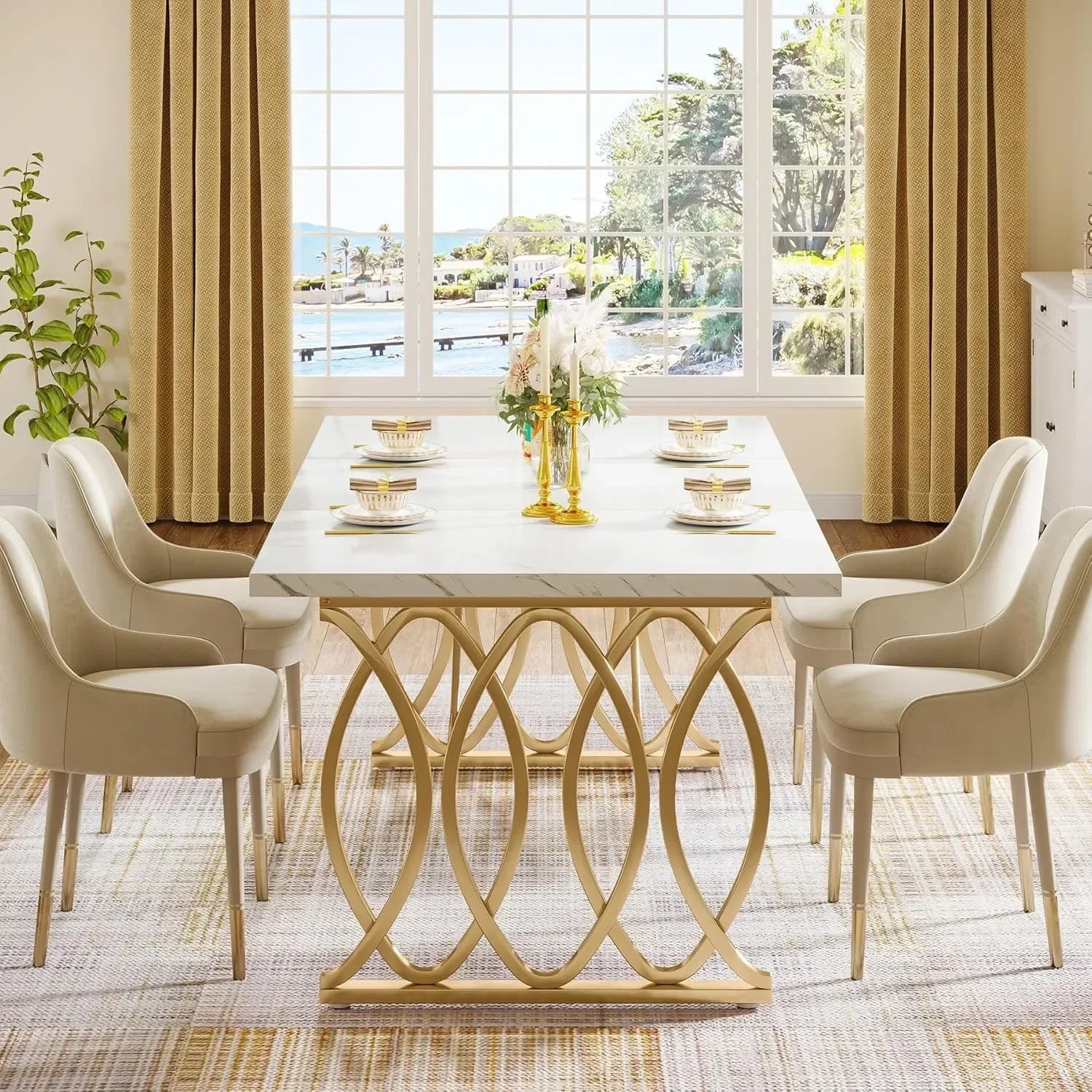 Modern Faux Marble Dining Table with Gold Metal Base 63 Inch TAVEN System LLC