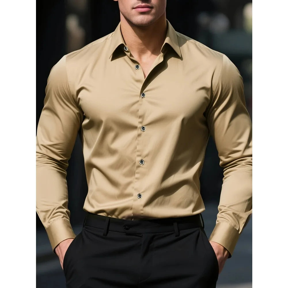 FGKKS New Men Shirt Brand New Solid Color Long Sleeve Elastic Fabric Men's Multiple Colors Male Quality Basic Shirt TAVEN System LLC