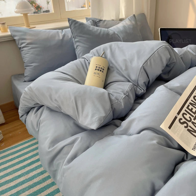 Cotton Bedding Set 4pcs with Solid Bed Sheet Duvet Cover Pillowcases Single Couple Bedsheet King Queen Double Twin Size TAVEN System LLC