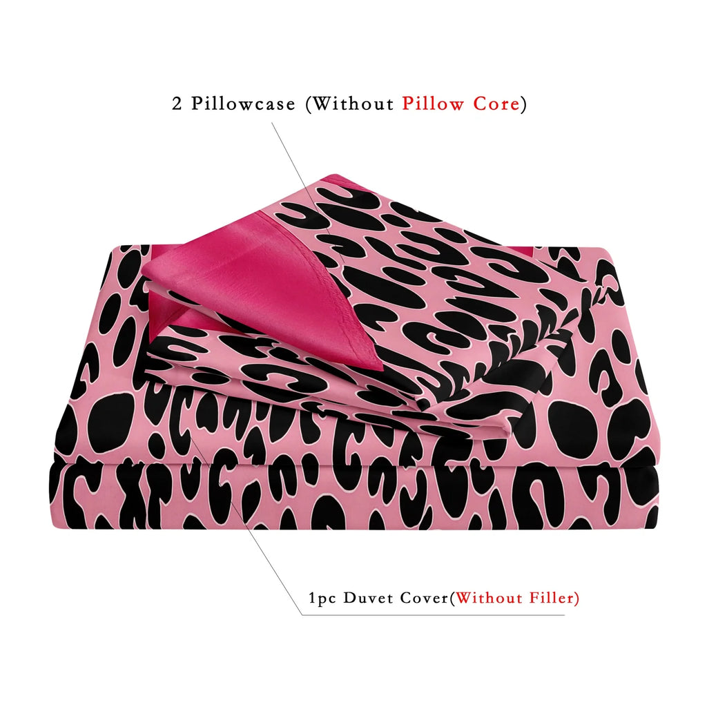 3pcs Pink Black Leopard Bow Print Bedding Set Sweet, Themed Duvet Cover, For Family Bedrooms Dormitories Hotels TAVEN System LLC