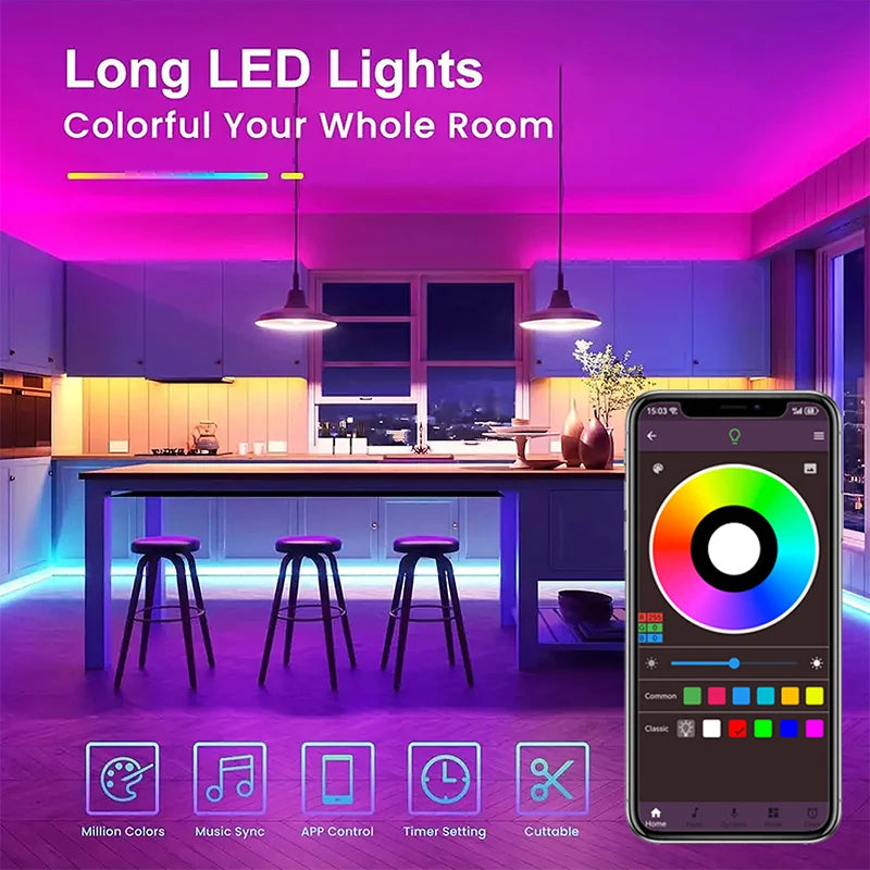 LED Strip Lights RGB 5050 LED Strips Bluetooth APP Control Color Changing DC 12V 30LEDS/M Per Meter For Bedroom Room Kitchen Bar TAVEN System LLC