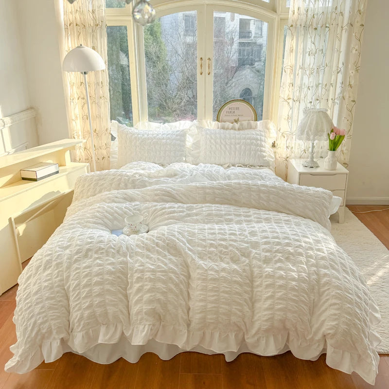 Korean Princess Style Lace Ruffles Bedding Set Skin-friendly Soft Seersucker Duvet Cover Set Bed Sheet Or Bed Skirt Pillowcases TAVEN System LLC