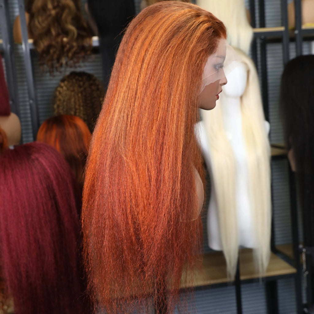Hair Color: #2, Stretched Length: 18inches, Density: 220% - 4/350 Piano Color Kinky Straight 13x6 Lace Frontal Human Hair Wigs Highlight Ginger Orange Brown Color Remy 13x4 Lace Front Wig Taven