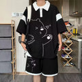 Men Summer Cartoon Bear Print Waffle Shorts Set Casual Streetwear Outfit