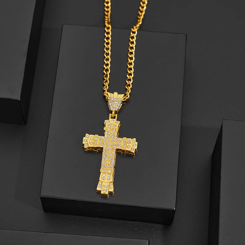 1 Simple Style MEN'S Rhinestone Christian Cross Rhinestone Pendant Necklace Personality Fashion Street Domineering Chain Jewelry TAVEN System LLC