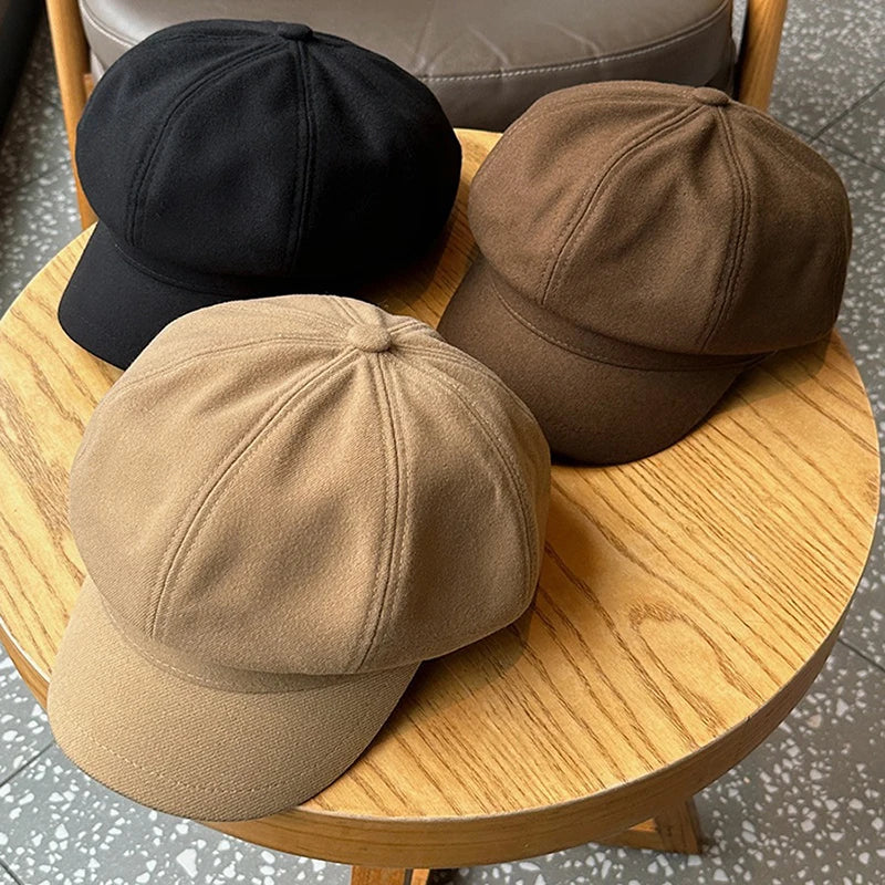 Vintage Corduroy Beret Women Octagonal Newsboy Painter Hat
