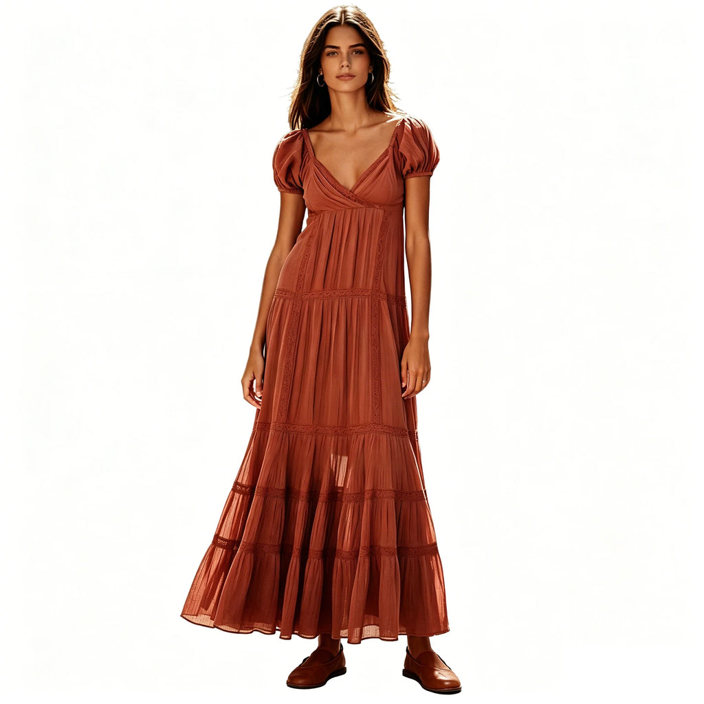 Women V Neck Lace Puff Sleeve Maxi Dress Flowy Elegant Party Gown
