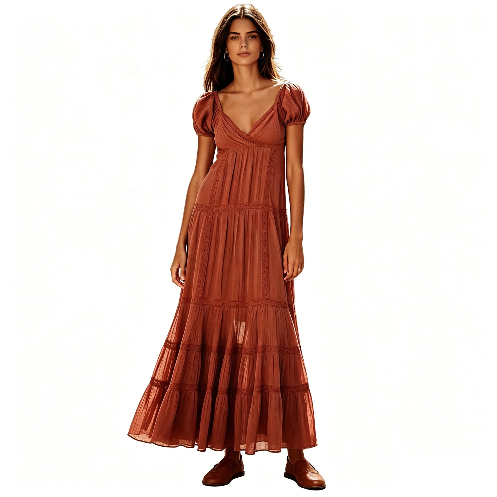 Women V Neck Lace Puff Sleeve Maxi Dress Flowy Elegant Party Gown