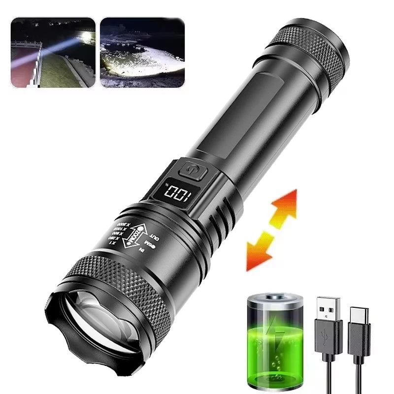 100000LM Super Bright Flashlight Type-C Rechargeable LED Torch Long Range Tactical Lamp for Outdoor Waterproof Camping Lantern TAVEN System LLC