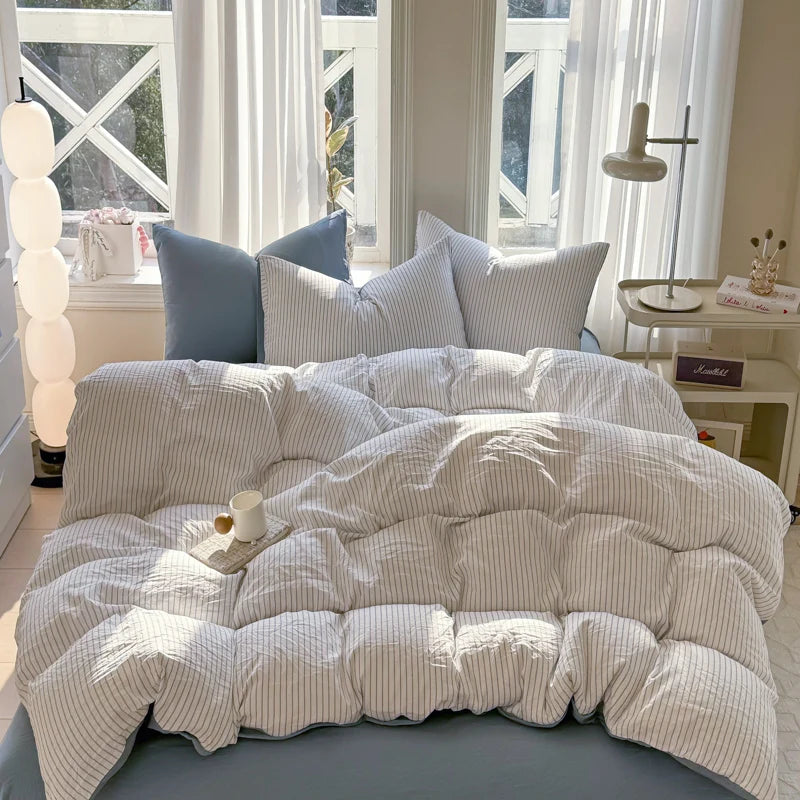 Soft Washed Cotton Bedding Set Striped Style Duvet Cover Sets with Quilt Cover Bedsheet Pillowcase 100% Cotton Bed Sheet Sets TAVEN System LLC
