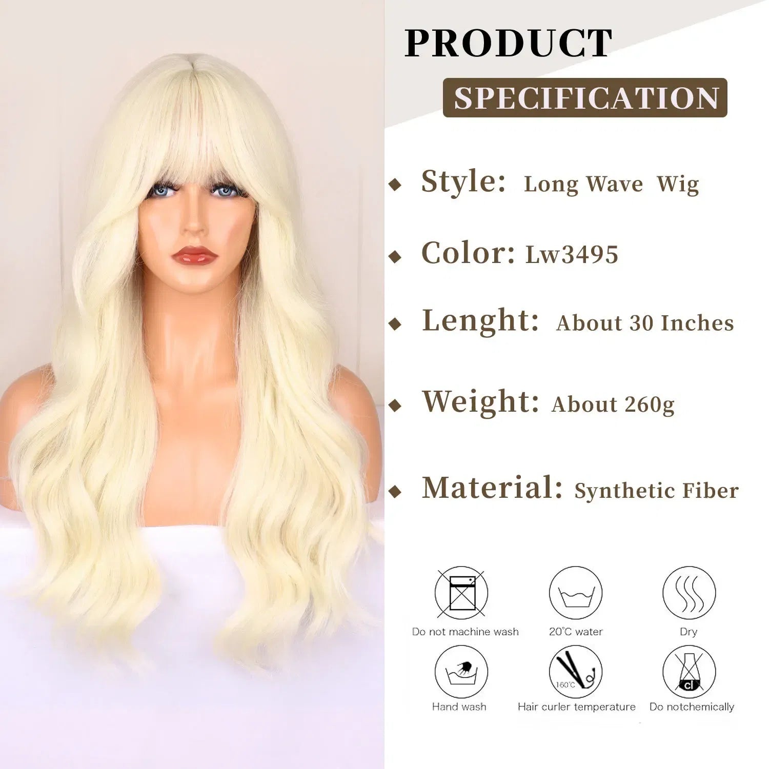 Color: Blonde - Blonde synthetic wig with straight bangs Ladies Cosplay wig High temperature silk wig set with big waves and long curly hair Taven