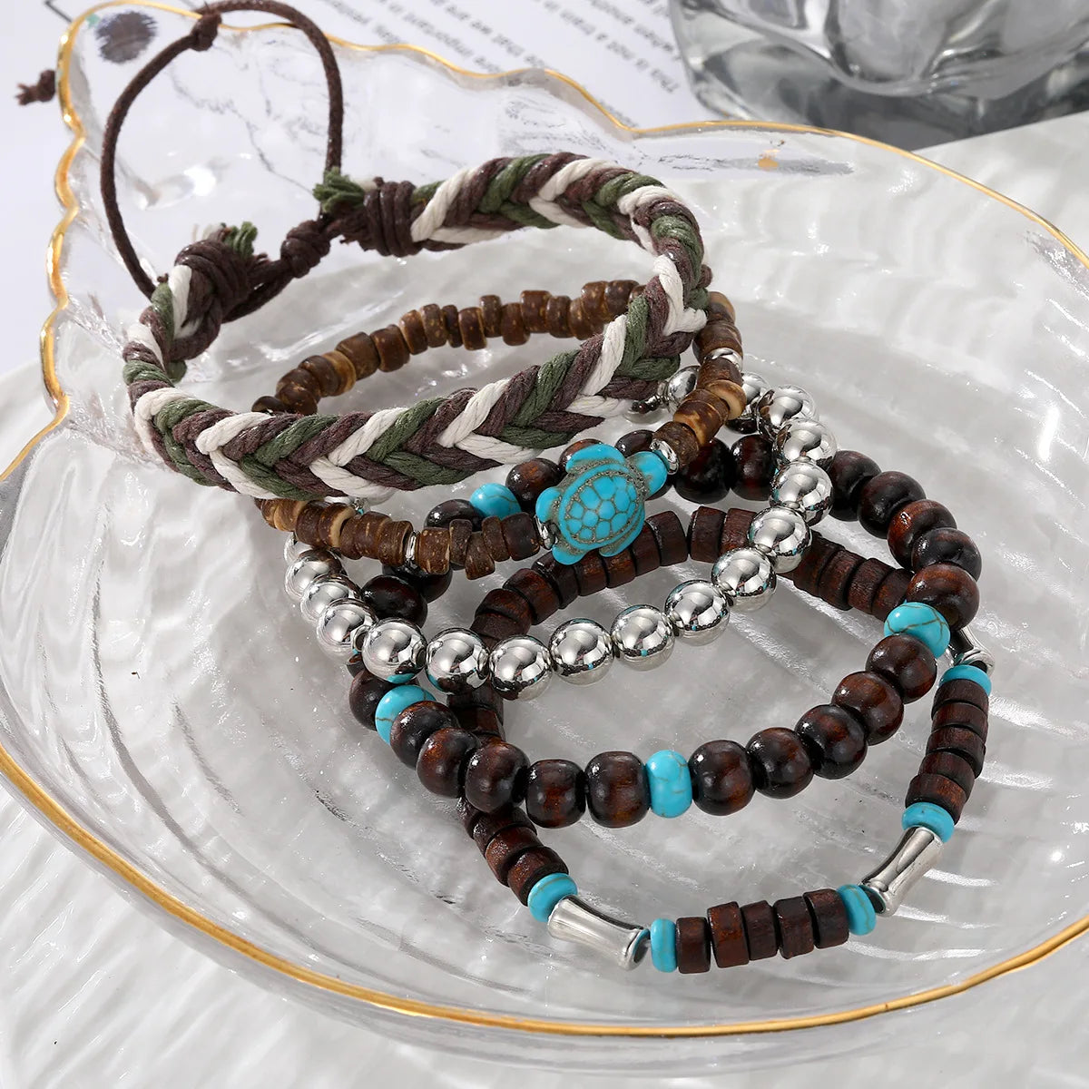 5-piece Bohemian Sea Turtle Vintage Wooden Shell Wax Rope Woven Bracelet Set TAVEN System LLC