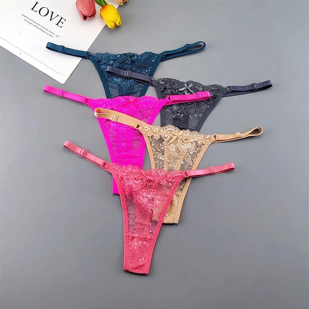 5PCS Free Shipping Seamless Women Thong Panties Adjust Belt Sexy Ice Silk G-string Lady Low Waist Lace Bikini T-back Plus Size TAVEN System LLC