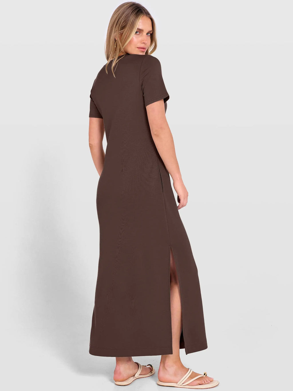 Women Short Sleeve Maxi Dress Crew Neck Side Split Casual Loose Dress