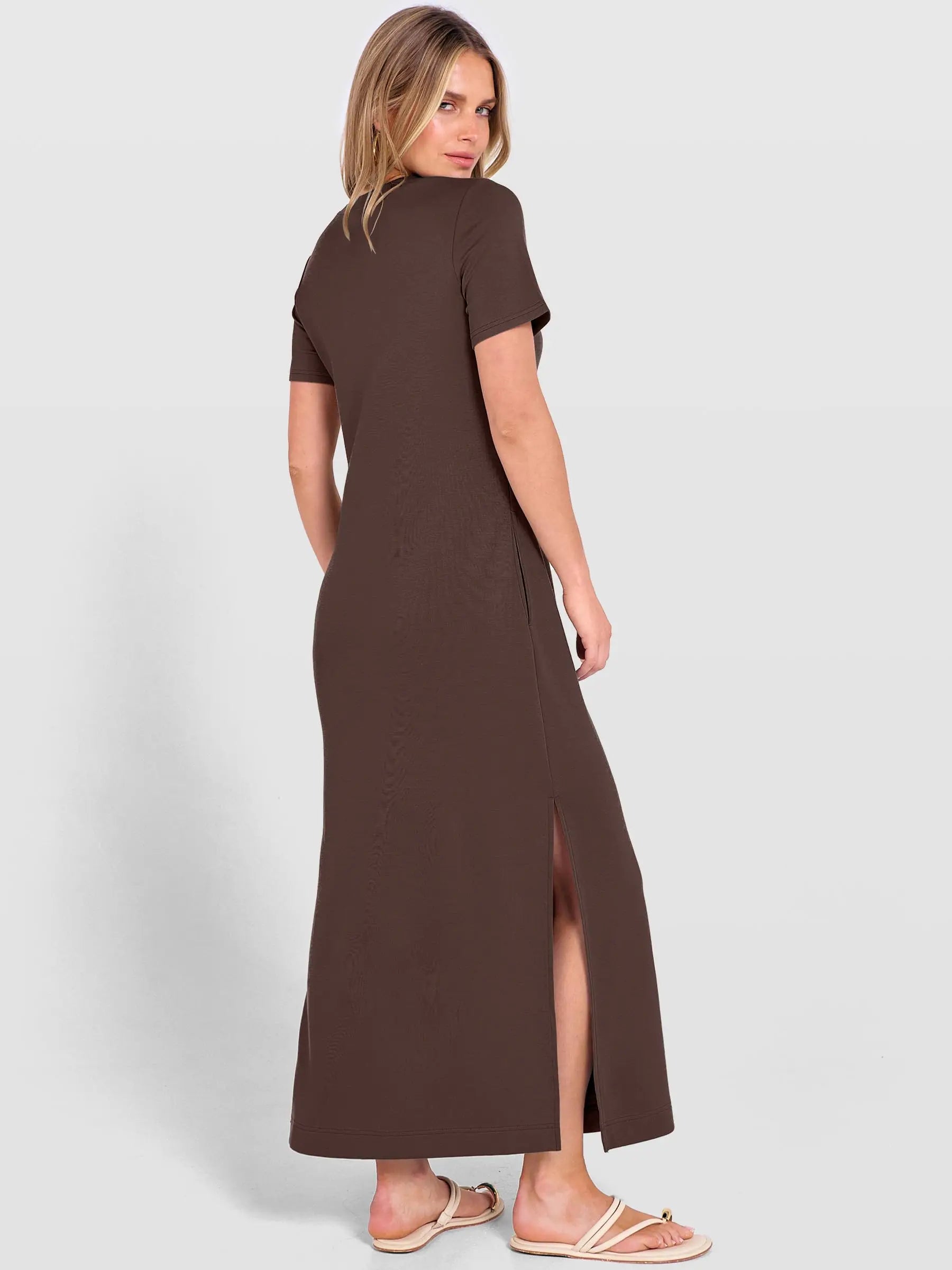 Women Short Sleeve Maxi Dress Crew Neck Side Split Casual Loose Dress