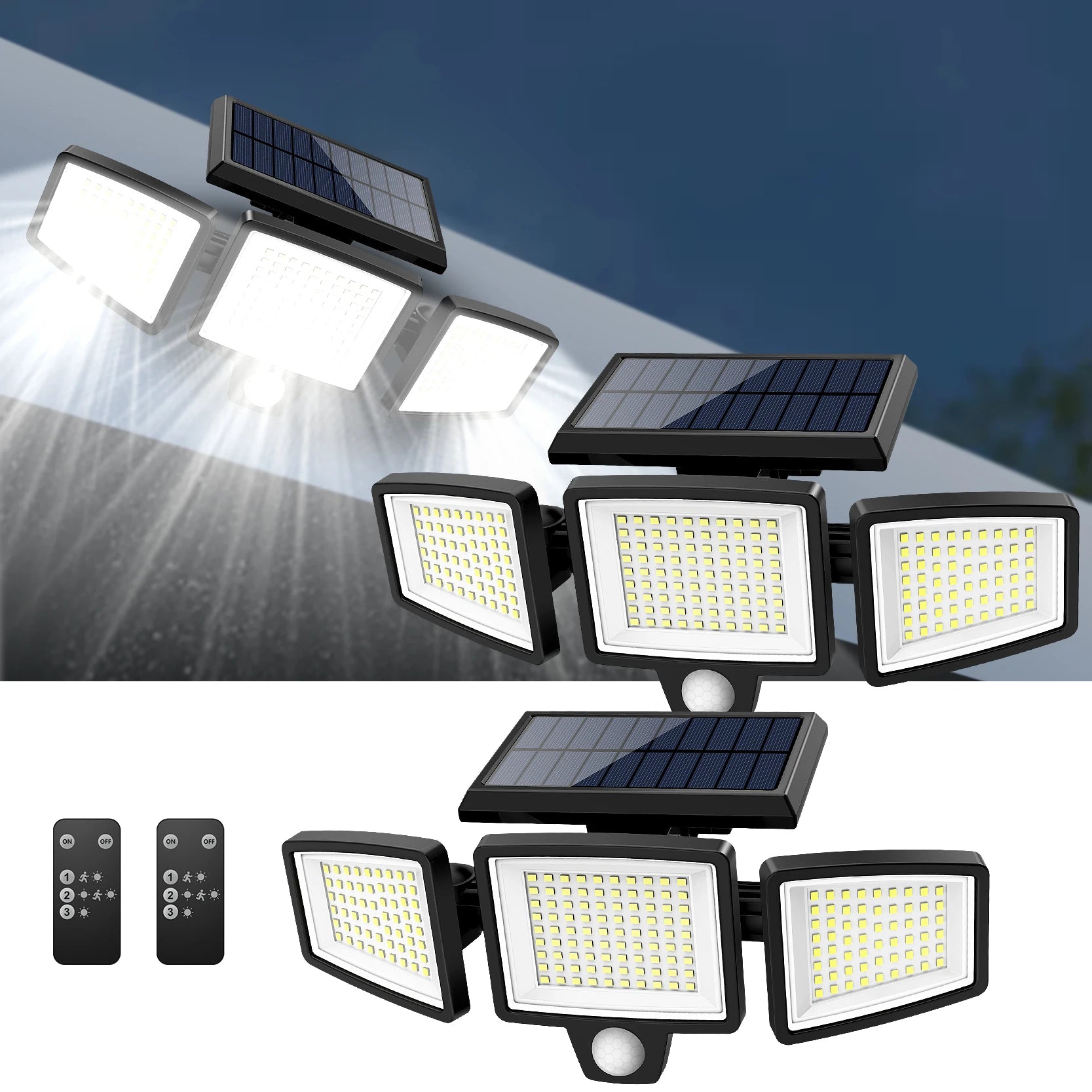 Solar 3 head motion sensor security light with 200 plus LED