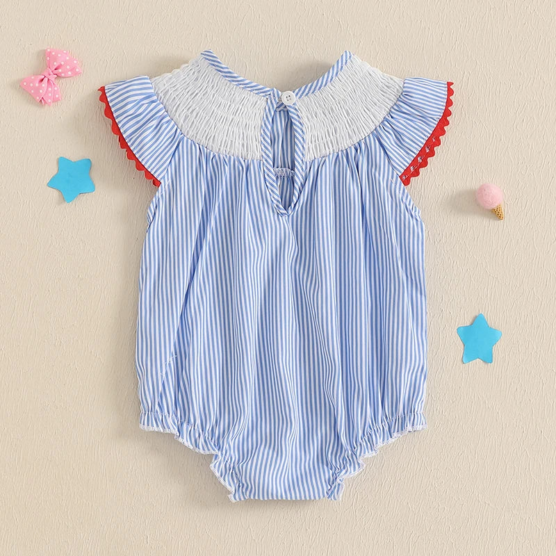 Baby Girl Striped Fly Sleeve Romper with Stars and Bow Outfit