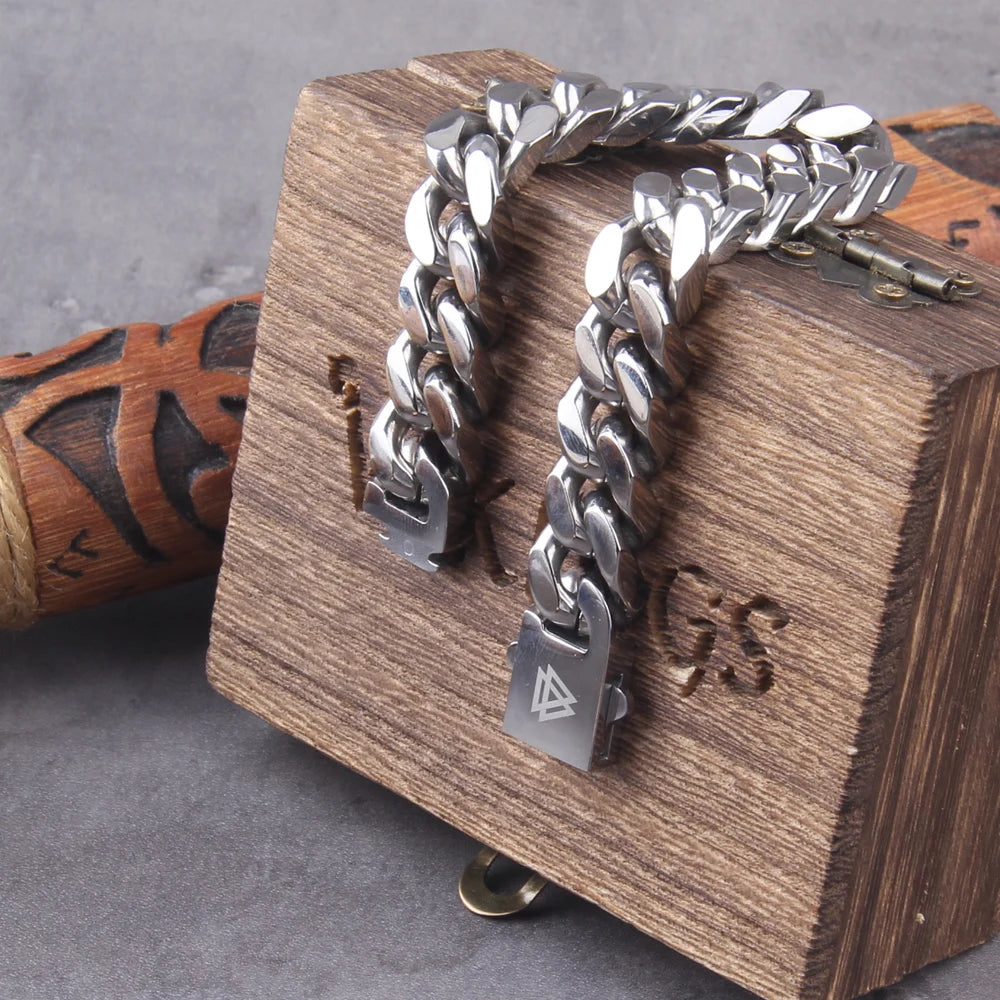 Never Fade Stainless Steel Vikings Bracelets For Men Blank Color Punk Curb Cuban Link Chain Bracelets with gift wooden box TAVEN System LLC