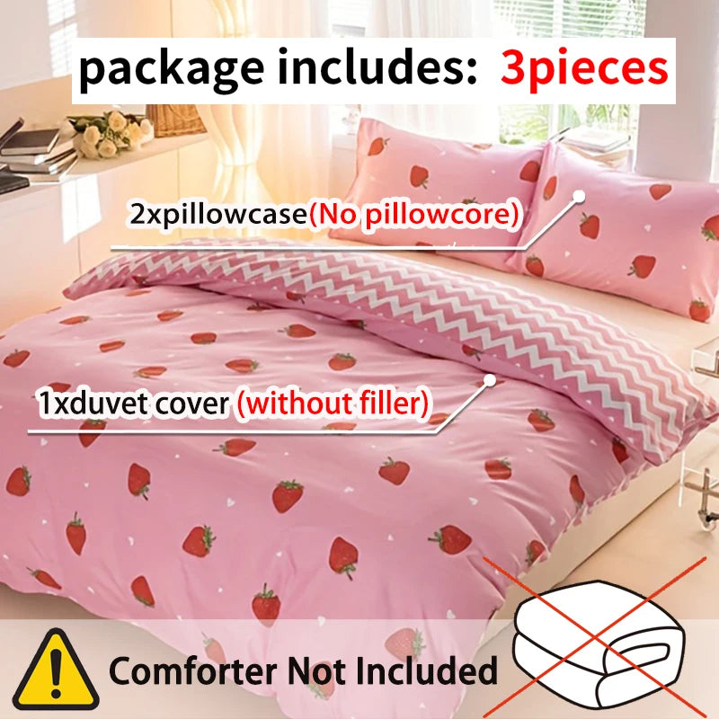 3pcs/set Small Strawberry Print Duvet Cover Set(1 Duvet Cover & 2 Pillowcase）Soft And Skin-Friendly Duvet Cover Bedding Set TAVEN System LLC
