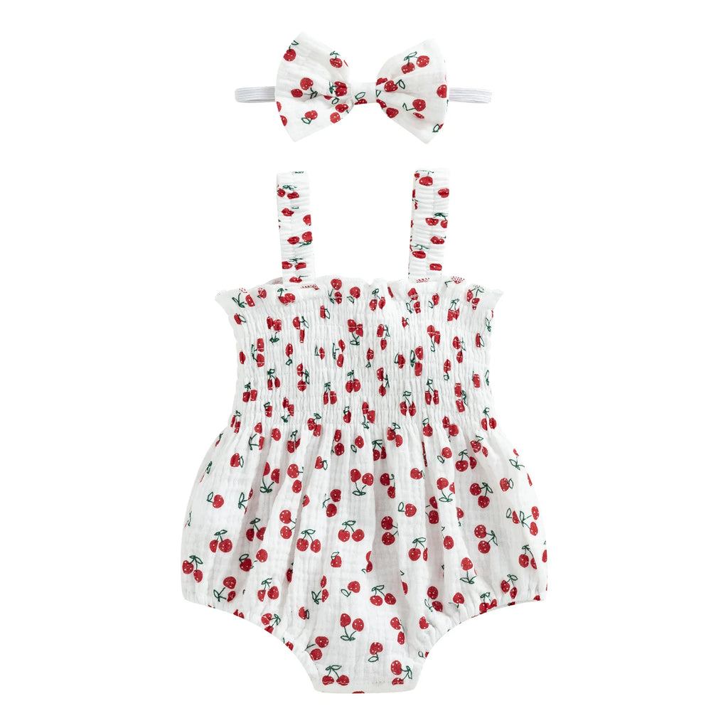 Baby Girl Cherry Print Romper with Matching Headband Summer Set