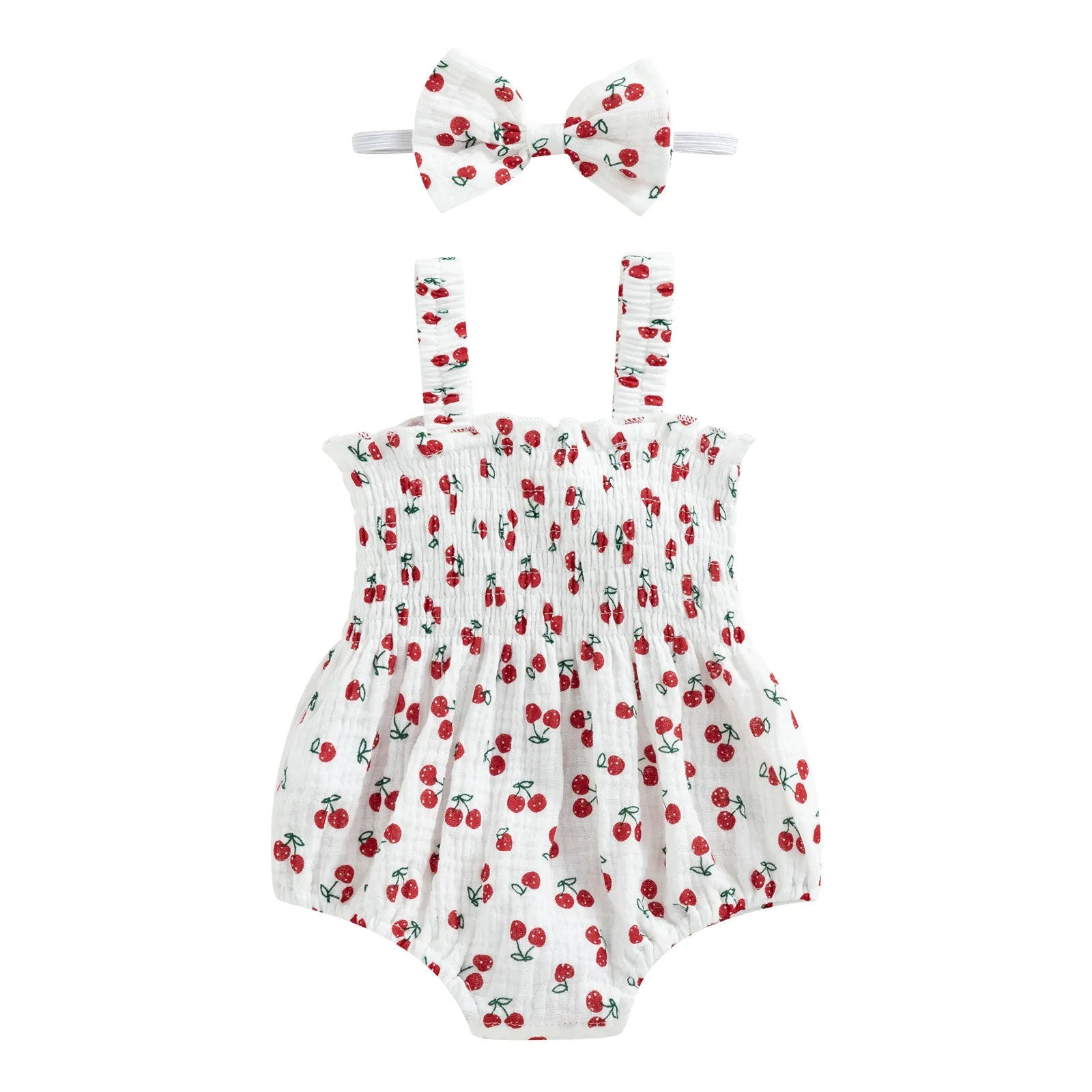 Baby Girl Cherry Print Romper with Matching Headband Summer Set
