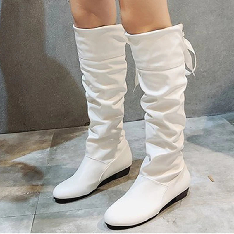 Shoes For Women  Knee High Boots Red Black White Tall Boots Woman Pleated Low Heel Casual Leather Female Long Shoes TAVEN System LLC