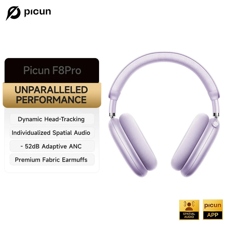 Picun F8 Pro ANC Wireless Headphones Head Tracking 3D Spatial Audio -52dB ANC HIFI Bluetooth Headset ENC HD Mic Low-Latency APP TAVEN System LLC