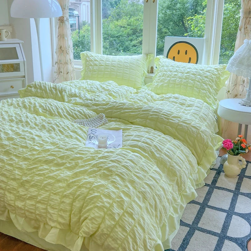 Korean Princess Style Lace Ruffles Bedding Set Skin-friendly Soft Seersucker Duvet Cover Set Bed Sheet Or Bed Skirt Pillowcases TAVEN System LLC