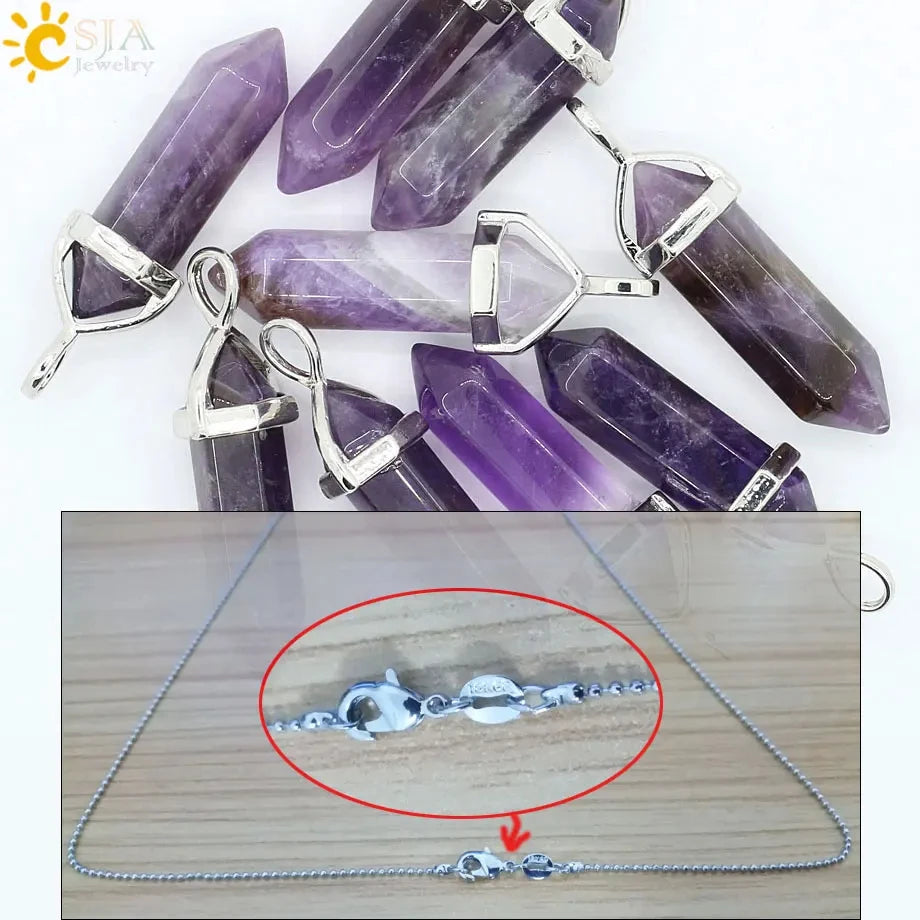 CSJA Hexagonal Bullet Crystal Necklaces Natural Gem Stone Quartz Necklace Pendant Chakra Amethysts Pink Quartz Lapis Lazuli G957 TAVEN System LLC